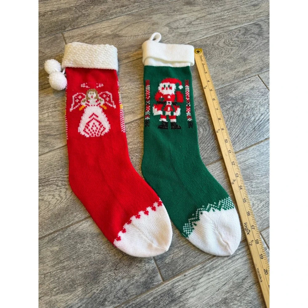Christmas Stockings Lot of 2 Hand Knit Holiday Angel Santa Holiday Gift Stocking